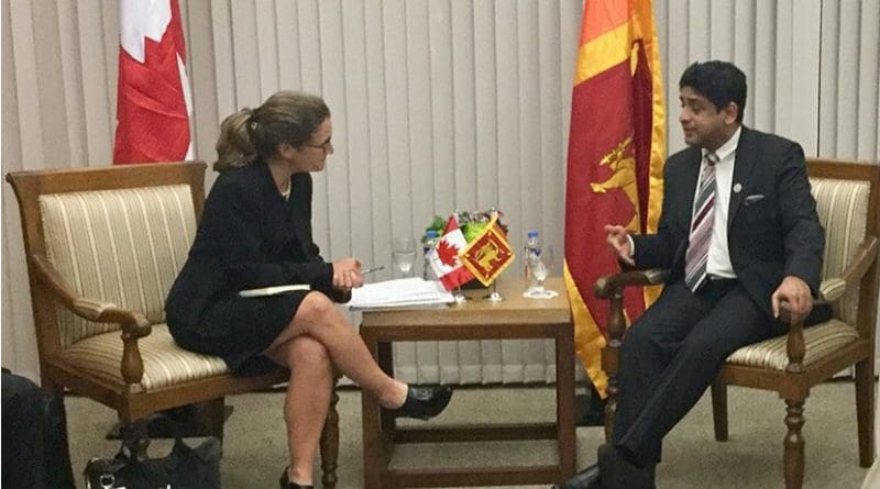 Sri Lanka's Minister of Foreign Affairs Vasantha Senanayake meeting with Chrystia Freeland, Minister of Foreign Affairs of Canada. Photo Credit: Sri Lanka government.