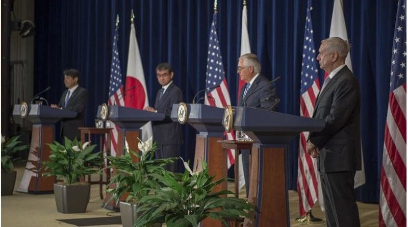 From left, Japanese Defense Minister Itsunori Onodera, Japanese Foreign Minister Taro Kono, Secretary of State Rex Tillerson and Defense Secretary Jim Mattis host a joint news conference following a U.S.-Japan Security Consultative Committee meeting at the State Department, Aug. 17, 2017. DoD photo by Air Force Tech. Sgt. Brigitte N. Brantley