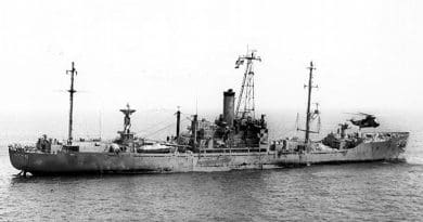 USS Liberty (AGTR-5) receives assistance from units of the Sixth Fleet, after she was attacked and seriously damaged by Israeli forces off the Sinai Peninsula on 8 June 1967. Official U.S. Navy Photograph, Wikipedia Commons.