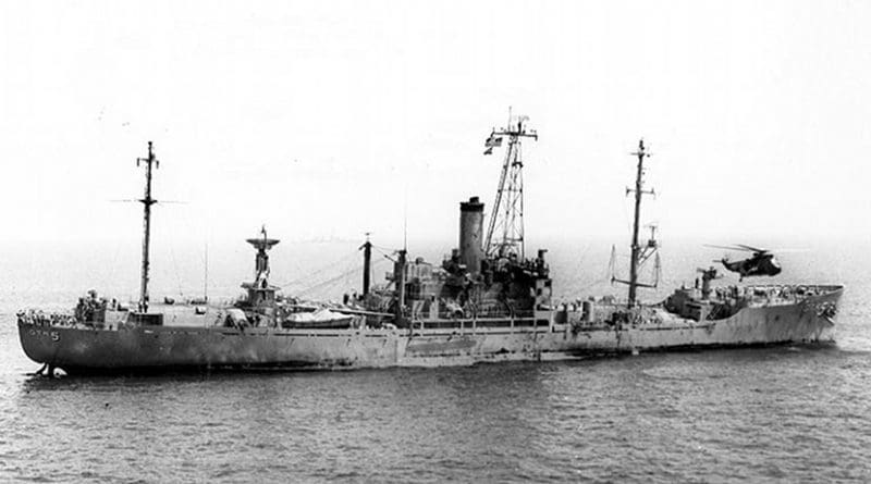 USS Liberty (AGTR-5) receives assistance from units of the Sixth Fleet, after she was attacked and seriously damaged by Israeli forces off the Sinai Peninsula on 8 June 1967. Official U.S. Navy Photograph, Wikipedia Commons.