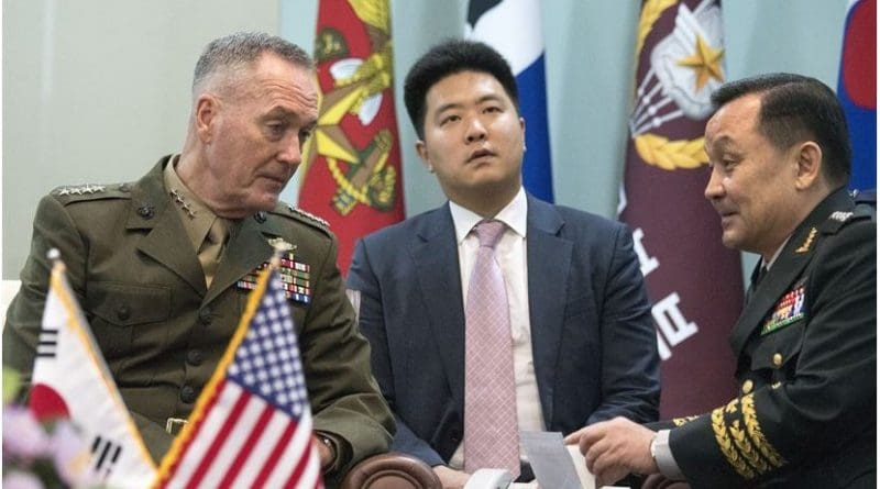 Marine Corps Gen. Joe Dunford, left, chairman of the Joint Chiefs of Staff, meets with Gen. Lee Sun-jin, chairman of the South Korean Joint Chiefs of Staff in Seoul, South Korea, Aug. 14, 2017. DoD photo by Navy Petty Officer 1st Class Dominique A. Pineiro