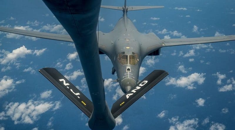 A U.S. Air Force B-1B Lancer prepares to receive fuel from a KC-135 Stratotanker during a mission from Andersen Air Force Base, Guam, into Japanese air space and over the Korean Peninsula, Aug. 31, 2017. After refueling, the Lancers flew with Japanese and South Korean fighter jets for parts of the mission as a demonstration of U.S. commitment to its allies in the region. Air Force photo by Staff Sgt. Joshua Smoot