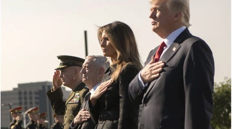 From left, Chairman of the Joint Chiefs of Staff Marine Corps Gen. Joe Dunford, Defense Secretary Jim Mattis, First Lady Melania Trump and President Donald J. Trump face the flag during the 9/11 Observance Ceremony at the Pentagon in Washington, D.C., Sept. 11, 2017. During the Sept. 11, 2001, attacks, 184 people were killed at the Pentagon. DoD photo by Air Force Tech. Sgt. Brigitte N. Brantley