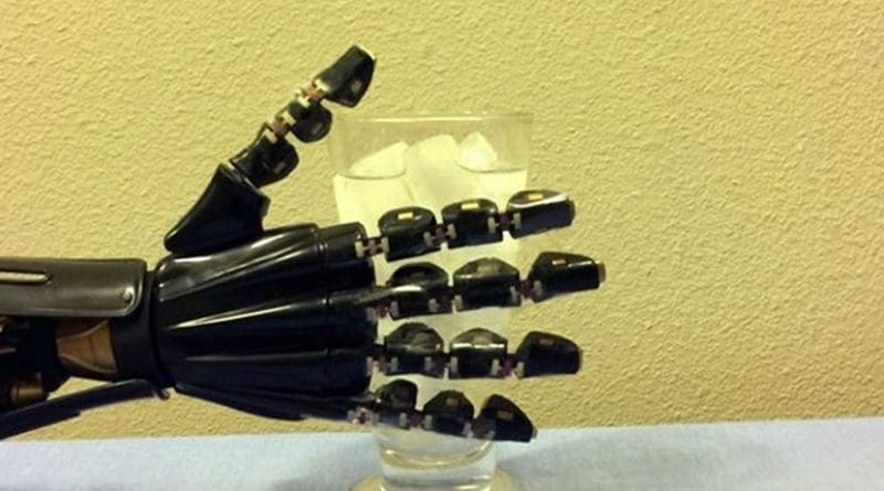 Researchers from the University of Houston have reported a breakthrough in stretchable electronics that can serve as an artificial skin, allowing a robotic hand to sense the difference between hot and cold. Credit University of Houston
