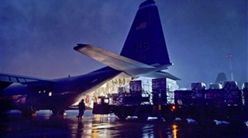 File photo of U.S. airmen loading cargo onto the ramp of a C-130-J Super Hercules aircraft on Ramstein Air Base, Germany. Photo Credit: DoD