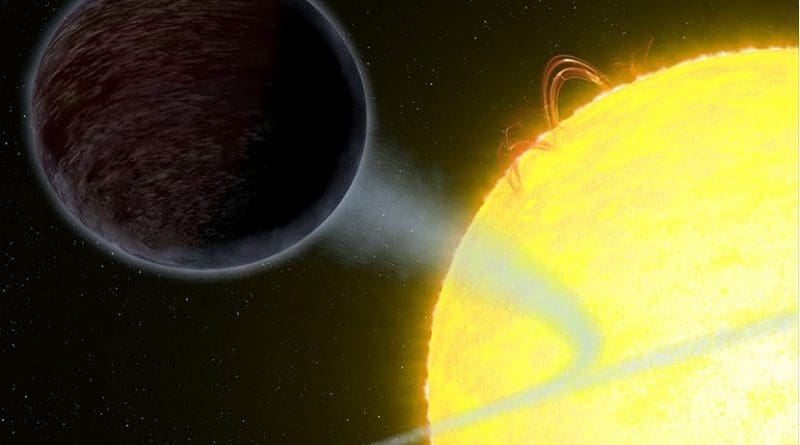 WASP-12b is one of the darkest known exoplanets — as black as fresh asphalt. The exoplanet, which is twice the size of Jupiter, has the unique capability to trap at least 94 percent of the visible starlight falling into its atmosphere. The planet orbits so close to its host that it has fixed day and night sides. The day side hordes all the visible light because it always faces its star. A swirl of material from the planet’s super-heated atmosphere is spilling onto its star. Credit: NASA, ESA, and G. Bacon (STScI)