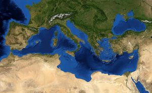 Satellite image of the Mediterranean Sea. Photo Credit: NASA, Wikimedia Commons.