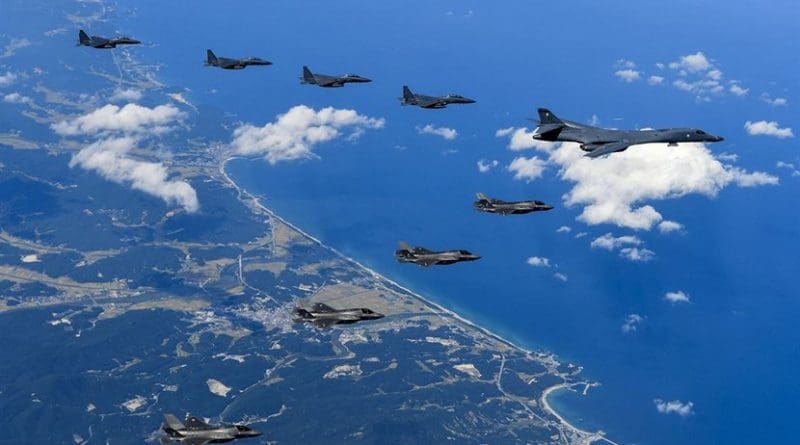 U.S. Air Force and Marine Corps aircraft conduct a mission with the South Korean air force over the Korean Peninsula, Sept. 18, 2017. The bilateral forces conducted the mission in response to North Korea's intermediate range ballistic missile launch Sept. 14. Army photo by Staff Sgt. Steven Schneider