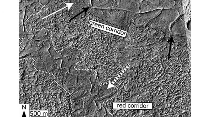 The dotted white arrow points to curved strata recording point bar growth and river migration. The boundaries of ancient valley walls are defined by textural and albedo changes and are also associated with lateral river migration. Stacked above the point bars and completely confined within the dotted white and black lines are topographically inverted river deposits outcropping as ridges (e.g., black arrow). In places (e.g., south of the dotted white arrow), the ridges run against the dotted boundaries, suggesting flow was once redirected along a valley wall.