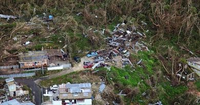 Thousands of homes in Puerto Rico suffered varying degrees of damage while large swaths of vegetation were shredded by the hurricane's violent winds. U.S. Customs and Border Protection photo by Kris Grogan, Wikipedia Commons.