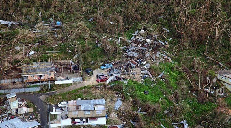 Thousands of homes in Puerto Rico suffered varying degrees of damage while large swaths of vegetation were shredded by the hurricane's violent winds. U.S. Customs and Border Protection photo by Kris Grogan, Wikipedia Commons.