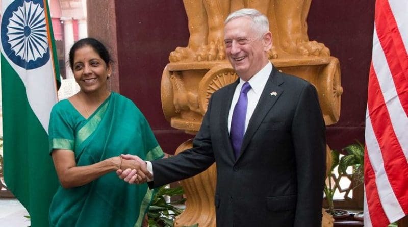 Defense Secretary Jim Mattis shakes hands with Indian Defense Minister Nirmala Sitharaman in New Delhi, Sept. 26, 2017. DoD photo by Air Force Staff Sgt. Jette Carr