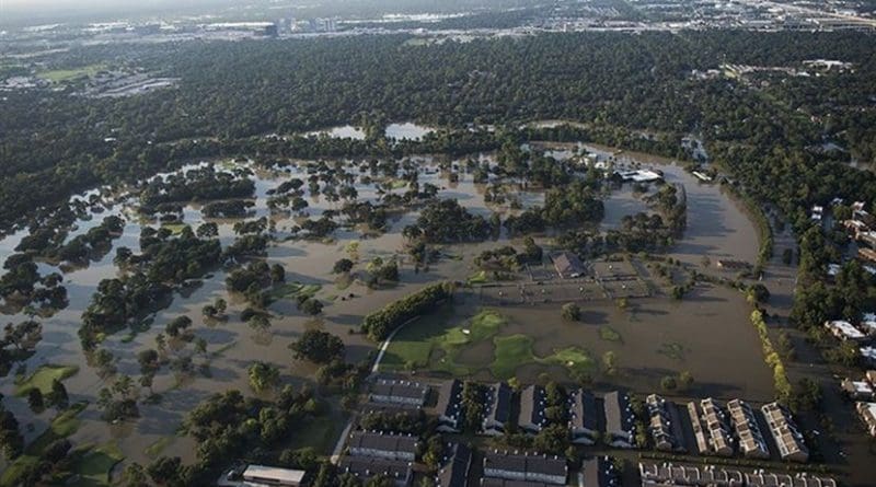 Houston remains flooded following Hurricane Harvey, Aug. 31, 2017. The hurricane formed in the Gulf of Mexico and made landfall in southeastern Texas, bringing record flooding and destruction to the region. Military assets supported the Federal Emergency Management Agency and state and local authorities in rescue and relief efforts. Air Force photo by Tech. Sgt. Larry E. Reid Jr.