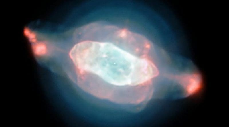 The spectacular planetary nebula NGC 7009, or the Saturn Nebula, emerges from the darkness like a series of oddly-shaped bubbles, lit up in glorious pinks and blues. This colorful image was captured by the powerful MUSE instrument on ESO's Very Large Telescope (VLT), as part of a study which mapped the dust inside a planetary nebula for the first time. Credit ESO/J. Walsh