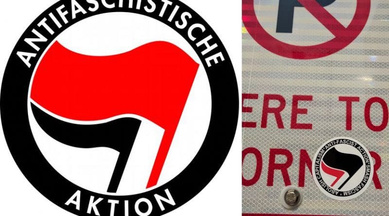 The American Antifa traces its ideological lineage to both Germany and the British Battle of Cable Street. Logo on the left is from Germany 1932, and image on the right a 2017 Antifa sticker (photo by Runner1928, Wikipedia).