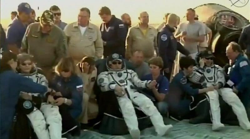 NASA astronaut Peggy Whitson, Russian cosmonaut Fyodor Yurchikhin of Roscosmos, and NASA astronaut Jack Fischer undergo routine initial medical checks after returning from their mission aboard the International Space Station at 9:21 p.m. EDT Saturday (7:21 a.m. Kazakhstan time, Sunday, Sept. 3), landing southeast of the remote town of Dzhezkazgan in Kazakhstan. Credits: NASA TV