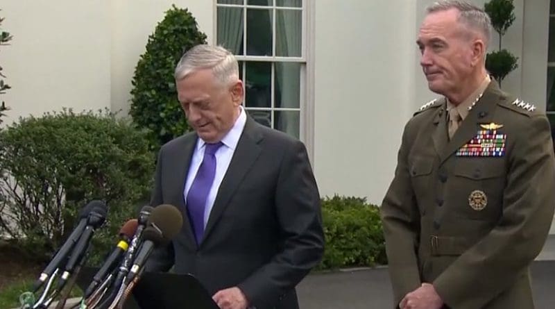 US Defense Secretary Jim Mattis, standing in front of the White House, with Marine Corps Gen. Joe Dunford, the chairman of the Joint Chiefs of Staff. Credit: Screenshot of DoD video.