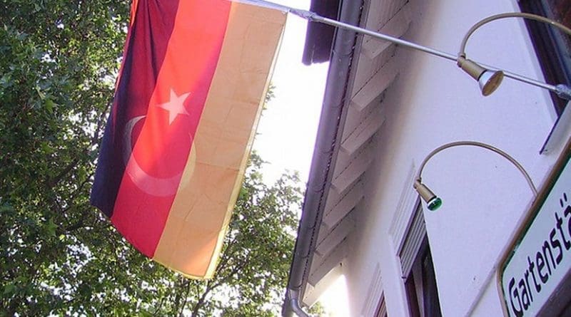 Combination of flags of Germany and Turkey. Photo by Immanuel Giel, Wikimedia Commons.