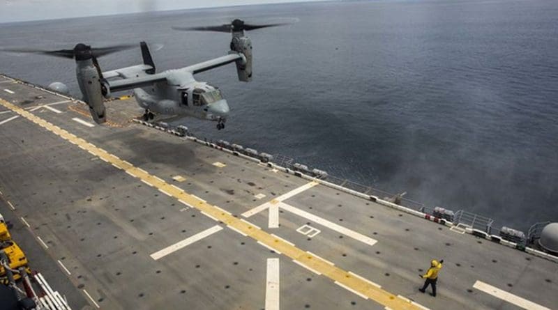 A Marine Corps MV-22B Osprey aircraft assigned to Marine Medium Tiltrotor Squadron 162 (Reinforced), 26th Marine Expeditionary Unit, lands aboard the amphibious assault ship USS Kearsarge in the Atlantic Ocean, Sept. 3, 2017. About 690 Marines from the 26th MEU embarked aboard the amphibious assault ship in preparation to support hurricane relief efforts. Marine Corps photo by Cpl. Juan A. Soto-Delgado