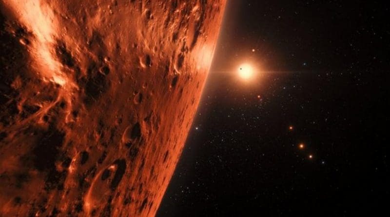 This artist's impression shows the view from the surface of one of the planets in the TRAPPIST-1 system. At least seven planets orbit this ultracool dwarf star 40 light-years from Earth and they are all roughly the same size as the Earth. Several of the planets are at the right distances from their star for liquid water to exist on the surfaces. Credit ESO/N. Bartmann/spaceengine.org