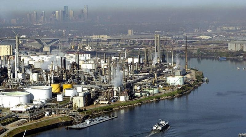 The Port of Houston, Texas with refineries in foreground. Photo by United States Coast Guard, PA2 James Dillard, Wikimedia Commons.