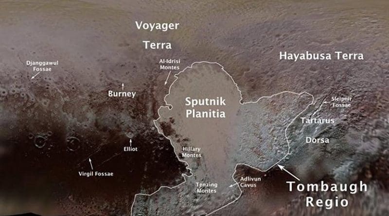 Pluto's first official surface-feature names are marked on this map, compiled from images and data gathered by NASA's New Horizons spacecraft during its flight through the Pluto system in 2015. Credit NASA/JHUAPL/SwRI/Ross Beyer