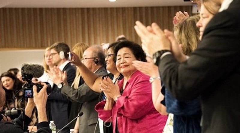 Applause for adoption of the UN Treaty Prohibiting Nuclear Weapons on July 7, 2017 in New York. Credit: ICAN