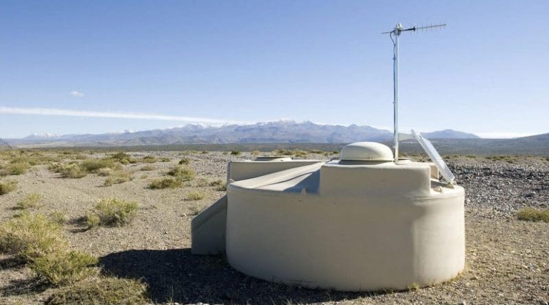 An Auger Observatory water-Cherenkov detector on the Pampa Amarilla in western Argentina. This material relates to a paper that appeared in the Sept. 22, 2017, issue of Science, published by AAAS. The paper, by The Pierre Auger Collaboration, and colleagues was titled, "Observation of a large-scale anisotropy in the arrival directions of cosmic rays above 8 × 1018 eV." Credit The Pierre Auger Observatory