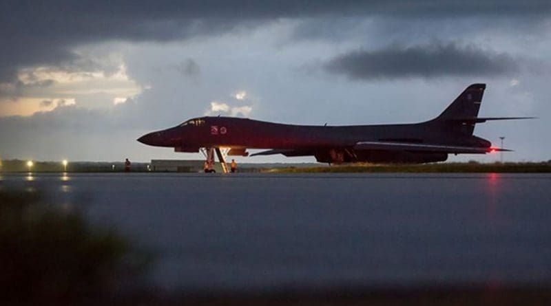 An Air Force B-1B Lancer assigned to the 37th Expeditionary Bomb Squadron, deployed from Ellsworth Air Force Base, South Dakota, prepares to take off from Andersen Air Force Base, Guam, Sept. 23, 2017. The mission was flown as part of the continuing demonstration of the U.S. commitment to the defense of its homeland and in support of its partners and allies, Defense Department and U.S. Pacific Command officials said. Air Force photo by Staff Sgt. Joshua Smoot