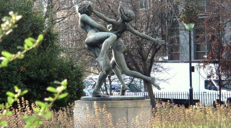 Statue in rundown garden in London, United Kingdom.