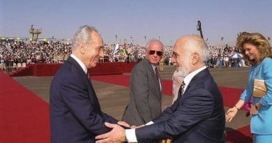 Israel's Foreign Minister Shimon Peres and King Hussein greet each other at the Arava border terminal prior to the signing of the Peace Treaty between their countries. (Government Press Office, Israel)