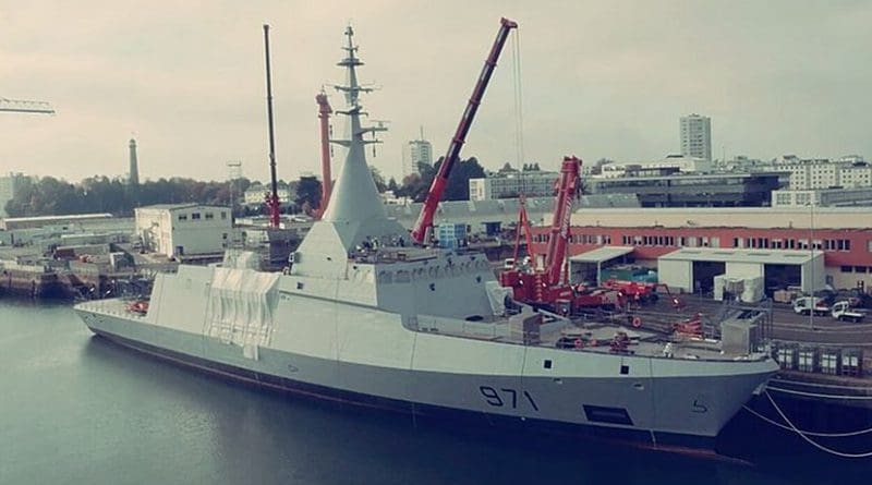 Still in dockyards, installing the panoramic sensors and intelligence module on-board the Gowind Corvette El Fateh. Photo by Ahmed XIV, Wikipedia Commons.