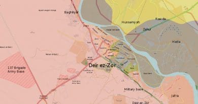 The situation in Deir ez-Zor on September 12, 2017. Pink area controlled by Syrian government forces; Yellow by Syrian Democratic Forces, and: Grey by Islamic State. Source: Wikipedia Commons.