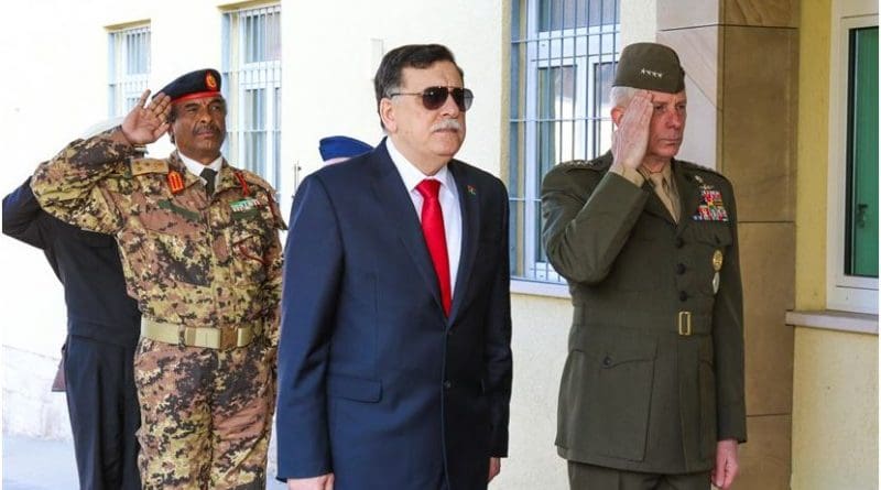 Fayez al-Sarraj, the prime minister of Libya's unity government, and Marine Corps Gen. Thomas D. Waldhauser, commander of U.S. Africa Command, render honors before a meeting at the U.S. Africa Command headquarters in Stuttgart, Germany, April 5, 2017. During the visit, Sarraj and his delegation received operational updates and discussed future U.S. cooperation in Libya. Africom photo by Nate Herring