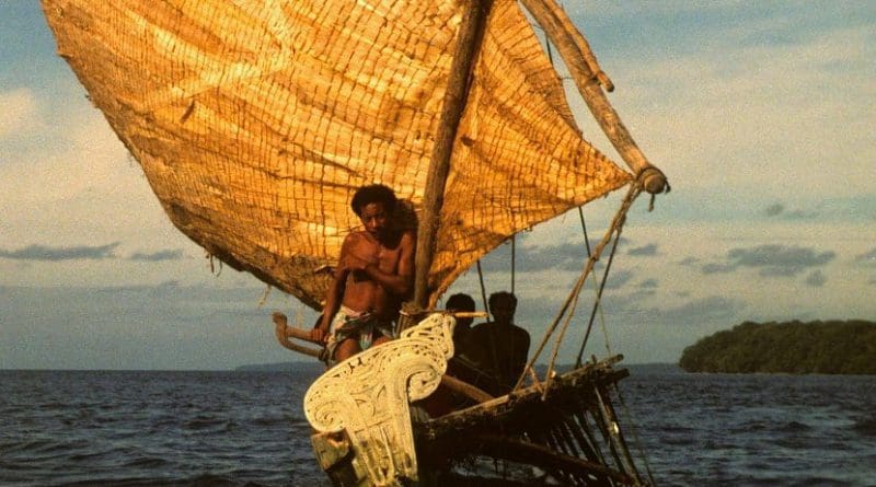 People of the Trobriand Islands sailing in traditional canoe in the Papua New Guinea area. The Trobrianders' language Kilivila is included in the study. Credit Gunter Senft