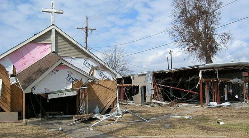 Damage to Church and building from Hurricane Ike at Sabine Pass, Texas. Photo by Junglecat, Wikipedia Commons.