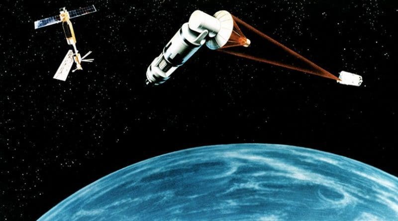 1984 artist's concept of a generic laser-equipped satellite firing on another with the proposed Space Station Freedom(ISS) in the background. Source: U.S. Air Force, Wikipedia Commons.
