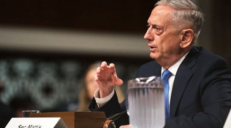 Defense Secretary Jim Mattis testifies during a Senate Armed Services Committee hearing in Washington, D.C., Oct. 3, 2017. Mattis testified alongside Marine Corps Gen. Joe Dunford, chairman of the Joint Chiefs of Staff, about the political and security situation in Afghanistan. DoD photo by Army Sgt. James K. McCann