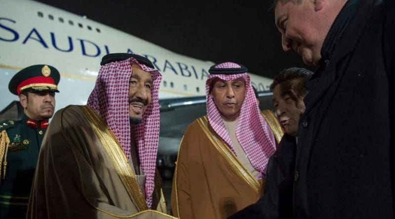 Saudi Arabia's King Salman is greeted in Moscow by Russia's Deputy Minister Dimitry Rogozin. Photo Credit: SPA