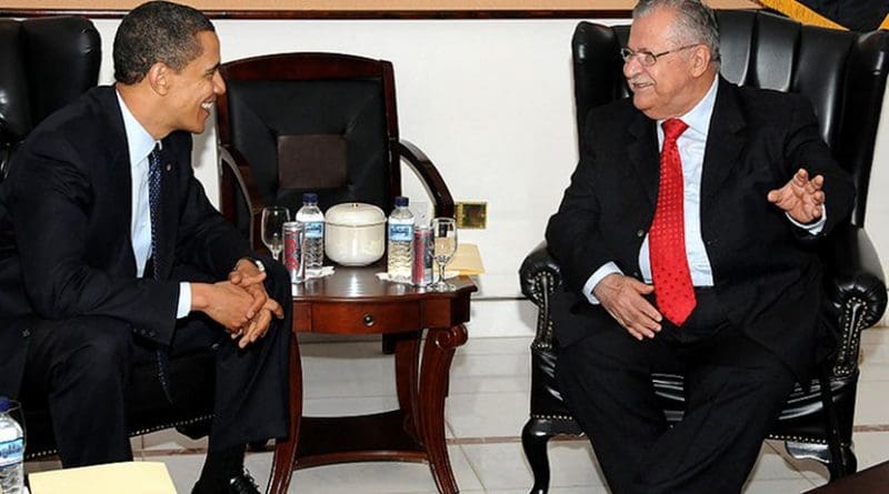 Jalal Talabani with U.S. President Barack Obama during a visit to Camp Victory, Iraq, April 7, 2009. Photo by Spc. Kimberly Millett, DoD, Wikipedia Commons.