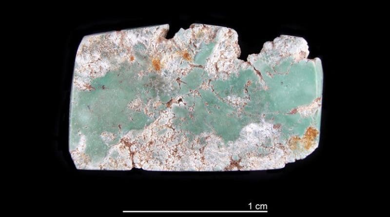 This is an image of a turquoise artifact linked to Canyon Creek. Credit Courtesy of Saul Hedquist