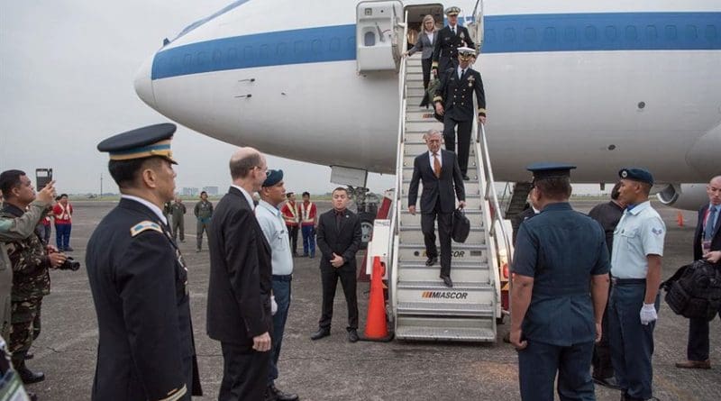 US Defense Secretary Jim Mattis arrives in Clark, Philippines, Oct. 23, 2017. Mattis traveled to the Philippines to attend the Association of Southeast Asian Nations Defense Ministers Meeting. DoD photo by Army Sgt. Amber I. Smith