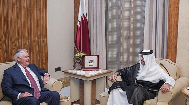 U.S. Secretary of State Rex Tillerson meets with HH the Emir Sheikh Tamim bin Hamad Al Thani of Qatar at the Sea Palace in Doha, Qatar on October 22, 2017. [State Department Photo/Public Domain]