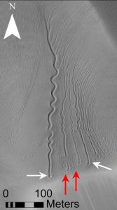 Linear gullies on a dune in Matara Crater, Mars, Red and white arrows point to pits. Credit NASA/JPL/University of Arizona