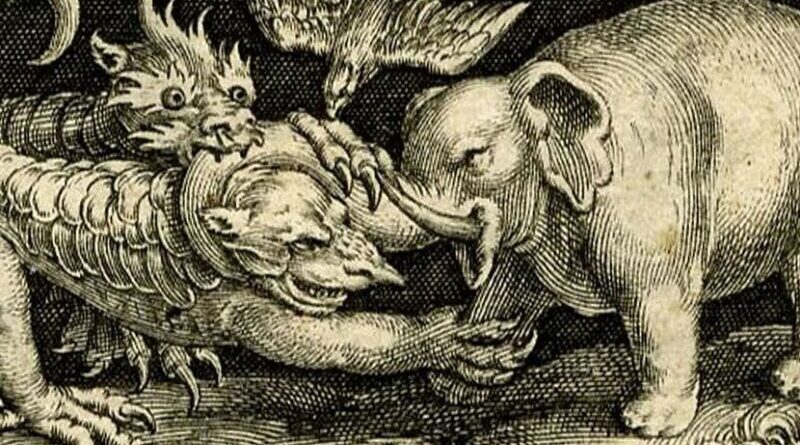 Dragon and elephant fighting.