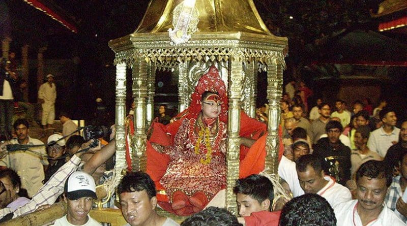 Kumari, "the living goddess," on the eve of the Indrajatra festival in Nepal. Photo by Manjari Shrestha, Wikimedia Commons.