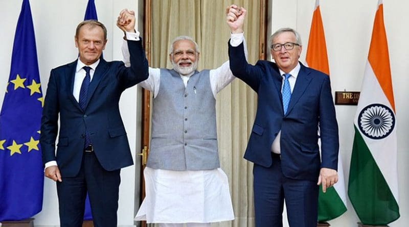 India's Prime Minister, Shri Narendra Modi with the President, European Council, Mr. Donald Franciszek Tusk and the President, European Commission, Mr. Jean-Claude Juncker, at Hyderabad House, in New Delhi on October 06, 2017. Photo Credit: India PM Office.