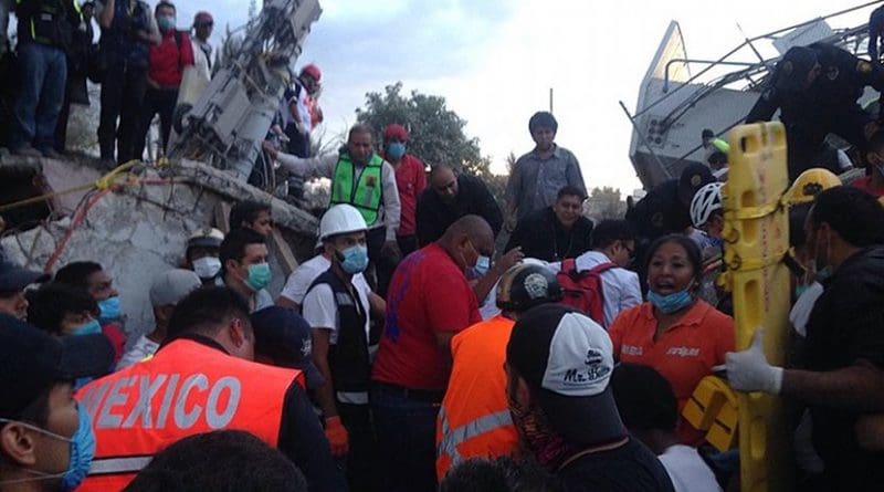 Volunteers and rescuers working at a collapsed warehouse, colonia Obrera, Mexico City following July 2017 earthquake. Photo by ProtoplasmaKid, Wikimedia Commons.