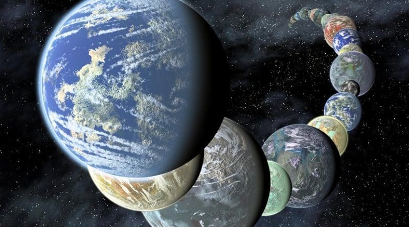 Sun-like star Kronos shows signs of having ingested 15 Earth masses worth of rocky planets, prompting Princeton astronomers to nickname it for the Titan who ate his young. This artist's rendering of the diverse rocky planets in our galaxy hints at what Kronos's planets might have looked like before the star enveloped them. Credit NASA/JPL-Caltech/R. Hurt (SSC-Caltech)