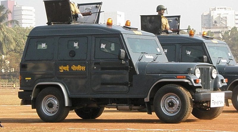An armoured vehicle of the Mumbai Police Force (India). Photo by Suyogaerospace, Wikipedia Commons.